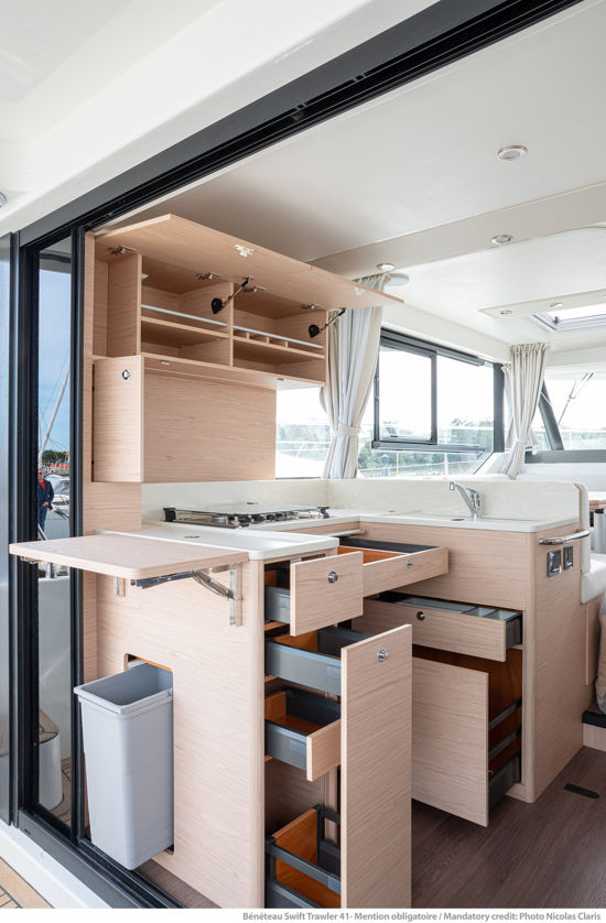 Swift Trawler 41 Sedan kitchen with open cabinets
