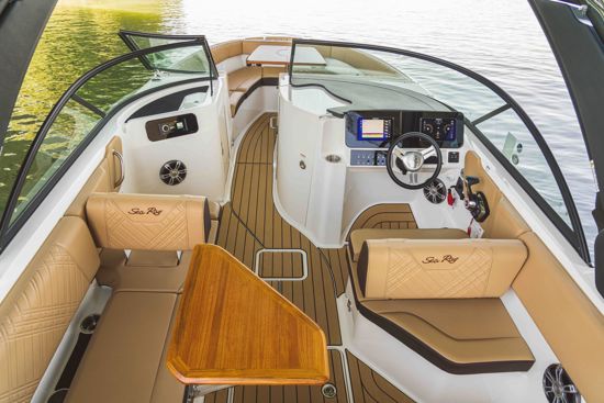 Sea Ray 230 SDX OB cockpit with flip-up bolster helm seat