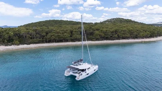 Side view of Lady Aurora anchored in a secluded Adriatic bay