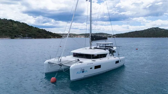 Front view of Lagoon 42 Lady Aurora anchored